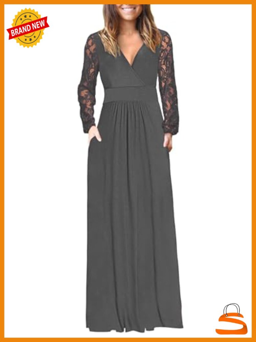Lace Long Sleeve Maxi Dress V Neck Wrap Formal Party A-Line Two Pockets